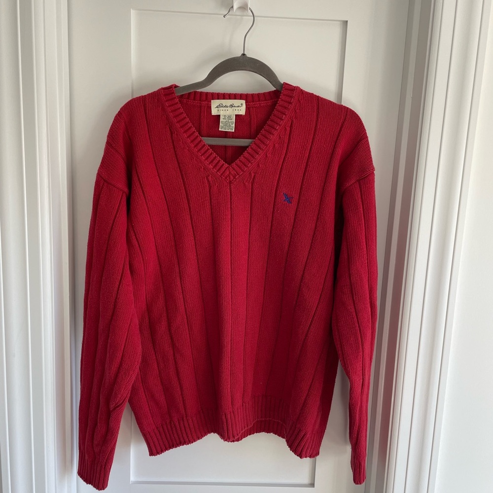Vintage Eddie Bauer Red Ribbed V-Neck Sweater 100% Cotton Men’s Large
